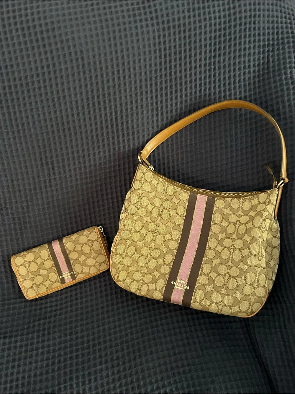 Coach Signature Canvas Shoulder Bag with Pink and Brown Center Stripe & Wallet